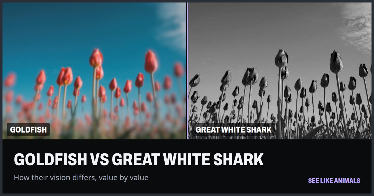Red tulips through the eyes of the goldfish and the great white shark, side by side.